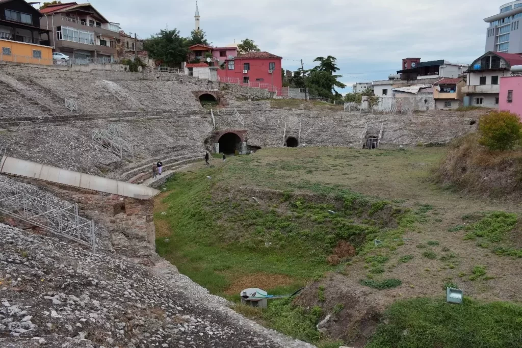 Sunset lighting up the ancient walls of the Durrës Amphitheater