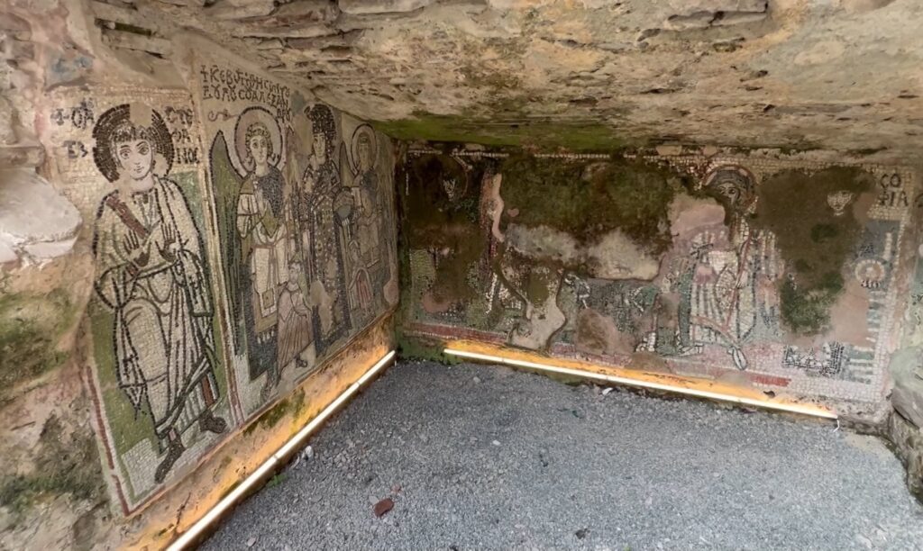 View of the underground chapel and frescoes inside Durrës Amphitheater